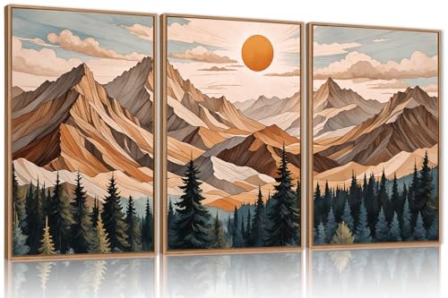 Image of KAIRNE Vintage Mountain Framed Canvas Wall Art Set,Boho Pine Tree Forest Wall Decor,Woodcut Wilderness Landscape Art Prints,Nature Sunrise Artwork for Living Room,Bedroom,Farmhouse,Office-24 x36 x3