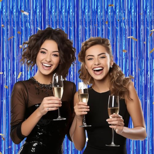 Image of DECOCKRAT 2 Pack Foil Fringe Backdrop - Laser Royal Blue Shiny Tinsel Curtains for Party Decoration /Photo Booth Props - 3.3x6.6 FT Metallic Foil Backdrop for Birthday, Wedding, Graduation, Christmas.