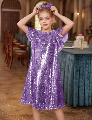 GRACE KARIN Girls Flutter Sleeve Sequin Dresses Kids Crew Neck Sparkly Fancy Formal Party Dress with Hairbow 5-12 Years2
