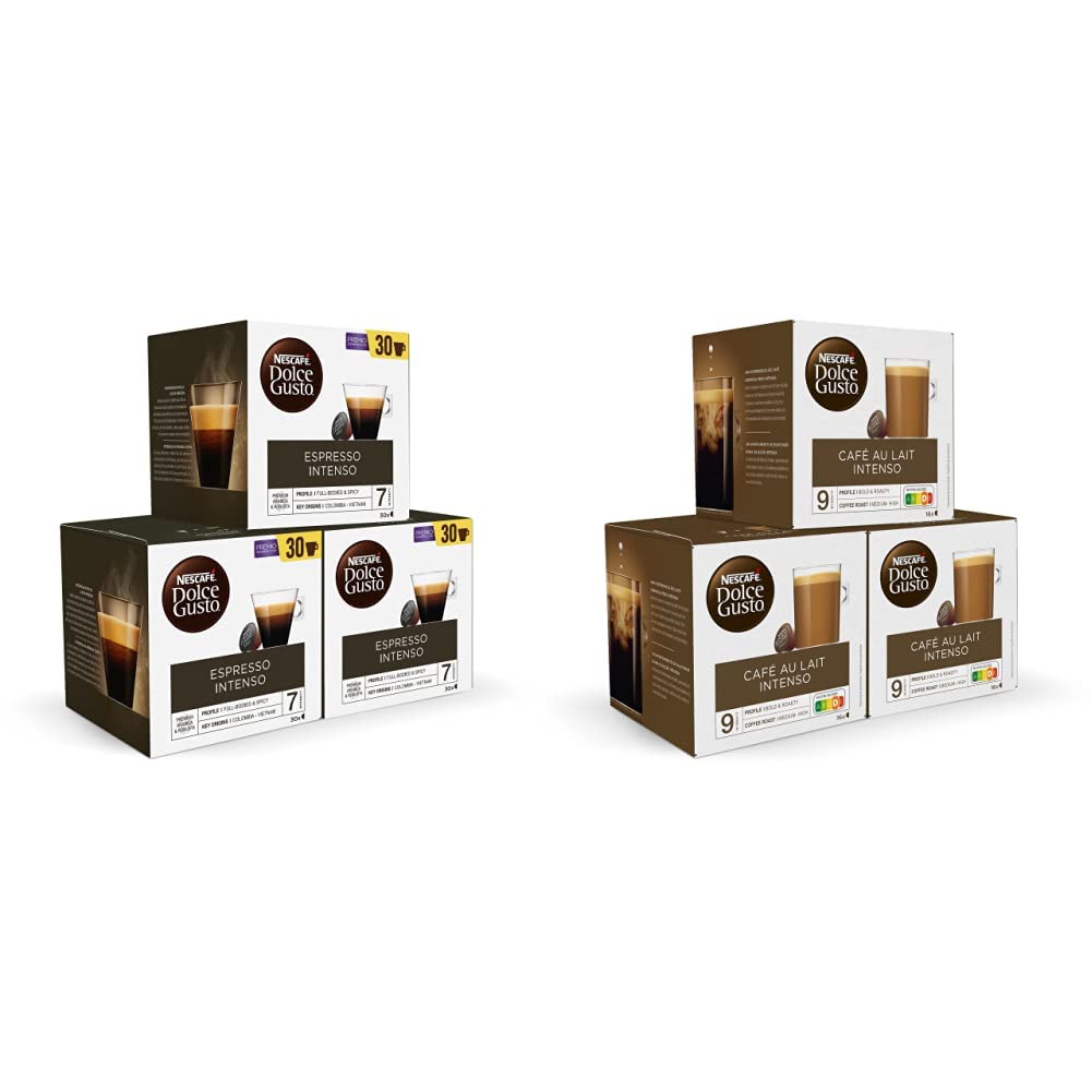 Nescafé DOLCE GUSTO Magnum Café Espresso Intenso - Cápsulas de Café 3 x 30-90 Cápsulas & Nescafé CAFÉ CON LECHE INTENSO - Pack De 3 x 16 cápsulas - Total: 48 Cápsulas