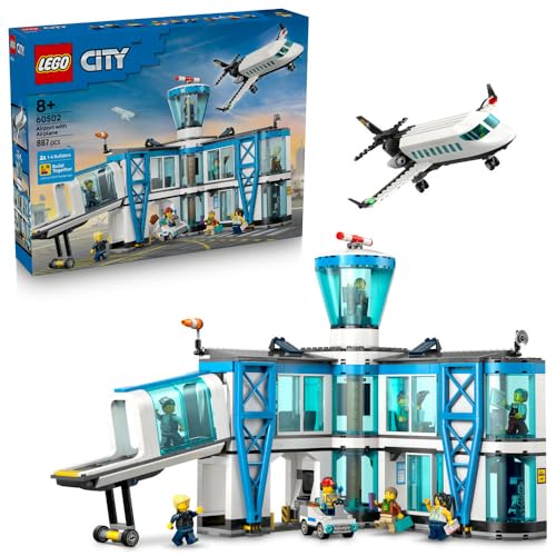 LEGO City Airport with Airplane Toy - Miniature Model Kit w/Terminal Plane Tug Car Bridge 9 Minifigures & Accessories - Birthday Gift Idea for 8+ Year Old Boys - 60502