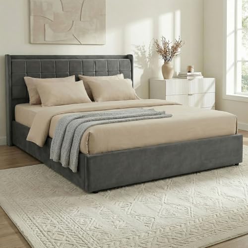 IDIMEX Lit Coffre Yaro rembourré, Lit Double avec Rangement 160x200 cm, Gris Foncé, Sommier à Lattes Inclus, Grand Espace de Rangement, Tête de Lit...