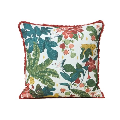 Image of Chumbak Wild Bloom Cushion Cover 20 inch Green Cotton Decorative Pillow Case for Sofa Couch Bed and Living Room Home Decor Handcrafted Design Lost in Paradise Collection