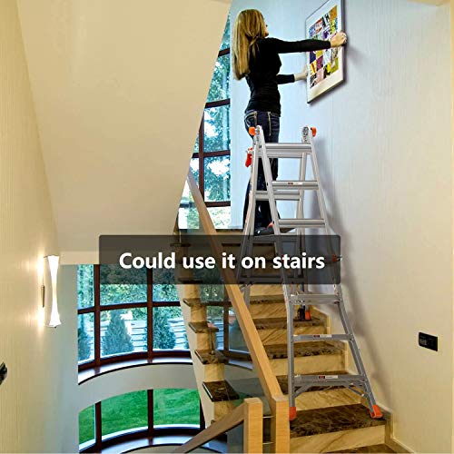 Telescoping Ladder TACKLIFE, 17ft Aluminum Multi-Use Ladder with Protective Lock and 2 Wheels, 300lb Max Duty and Non-Slip Foot Pad, 5 Height Modes, Suitable for Home/Working