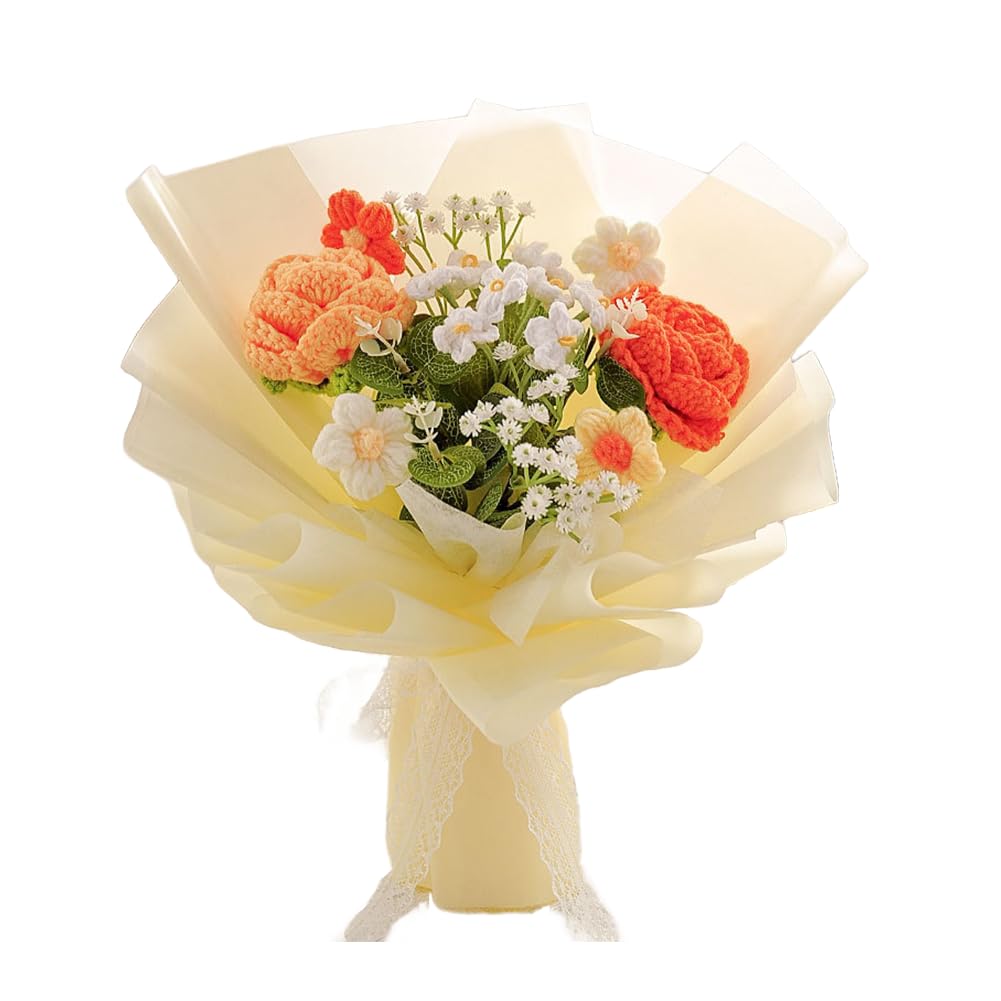 Handmade Crochet Rose Flower Bouquet: Artificial Knitted Rose Gift for Wife Mother Girlfriend for Festival Wedding Graduation Anniversary (Yellow)