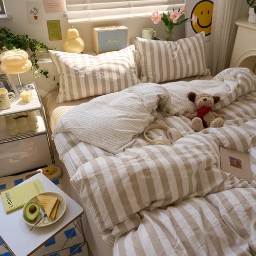 Image of EAVD Khaki Striped Duvet Cover King Soft Washed Microfiber Farmhouse Vertical Striped Bedding Set with 2 Pillowcases Modern Style Geometric Pattern Duvet Cover with Zipper Closure