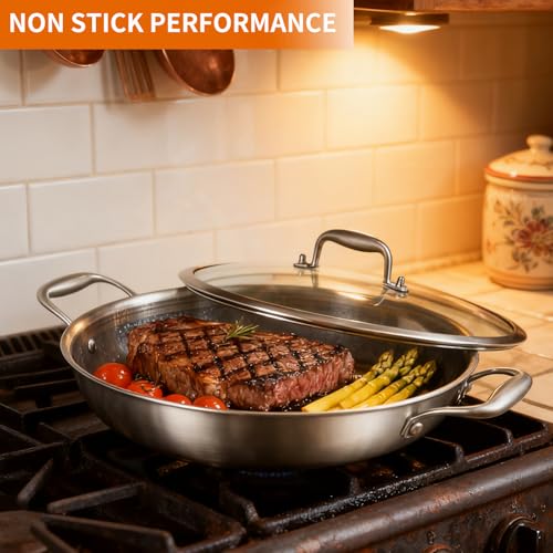 Image of DELARLO 13 Inch Stainless Steel Nonstick Wok Pan with Lid 5.5Qt Pot | Tri-Ply Deep 5.5-quart wok with dual handles heats evenly, is oven safe to 550F, and works with induction and all cooktops.