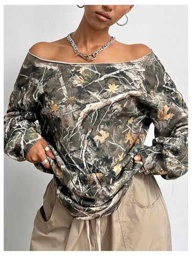 Women's Y2k Camo Shirt Tropical Graphic Off The Shoulder Sweatshirt Oversized T Shirts Long Sleeve Camouflage Tee Top4