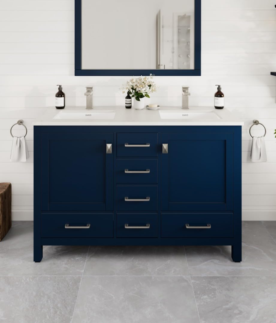 Eviva London 48 Inch Double Sink Vanity - Blue Double Vanity Sinks For Bathrooms - 48 Vanity With Sink And Countertop In Quartz & Undermount Porcelain Sink Combo - 48 Bathroom Vanity With Top And Sink