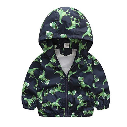 Little Boy Zipper Hooded Jacket,Cool Cartoon Dinosaur Print Long Sleeve Windproof Casual Outerwear Navy Blue 4T