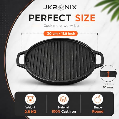 Image of Pre-Seasoned Cast Iron Dosa Tawa with Handle, 2-in-1 Reversible Grill Pan 30 cm, Naturally Non-Stick Cookware for Roti, Chapati, Chilla & Uttapam, Heavy Duty Griddle, Double Sided Cookware