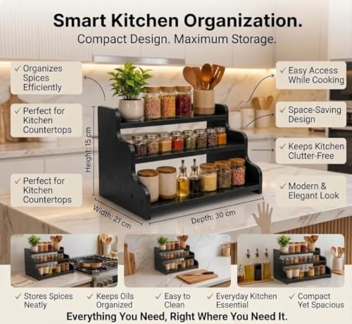 Image of 3-Tier Spice Rack, 13.8 Inch Wood Spice Bottles, Jars, Seasonings, Baking Supplies, Shelf Countertop Spice Storage Holder, Kitchen Pantry Cabinet Organizer Cupboard (BLACK)