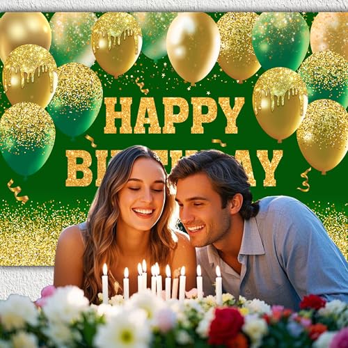 Image of Happy Birthday Decorations Backdrop 10 x 6 ft Green Golden Happy Birthday Banner Large Birthday Party Background for Men Women Kids Photo Shoot Supplies