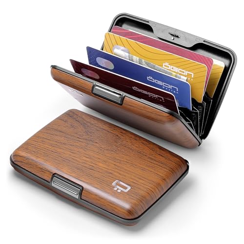 Image of OGON -DESIGNS- Aluminum card holder, RFID protection against fraud and demagnetization, compact wallet, Smart Case STOCKHOLM model (Covering wood imitation Sequoia, Extra-secure lock)