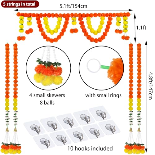 Image of Marigold Garland for Diwali Decoration- 5PCS 5FT Artificial Marigold String Bandarwal Toran Porch Valance Mandir Pooja Decor Mandap Wedding Housewarming Patio Party Backdrop Ornament