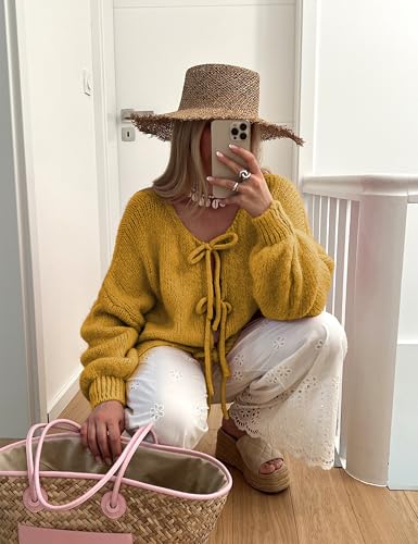 Image of SKIKYAN Women Bowtie Oversized Knit Sweater Cardigan Y2K Long Sleeve V Neck Open Front Casual Knitwears
