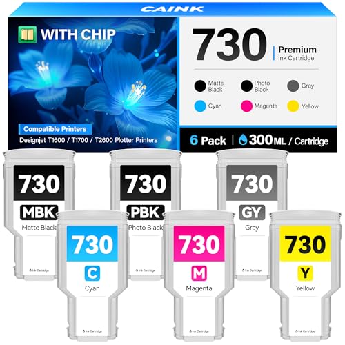 Image of 730 Ink Cartridge 300-ml Kit 6-Pack High Capacity P2V68A P2V69A P2V70A P2V71A P2V72A P2V73A Replacement for HP 730 730XL Ink Cartridge Compatible for DesignJet T1700 T2600 T1600 Series Plotter Printer