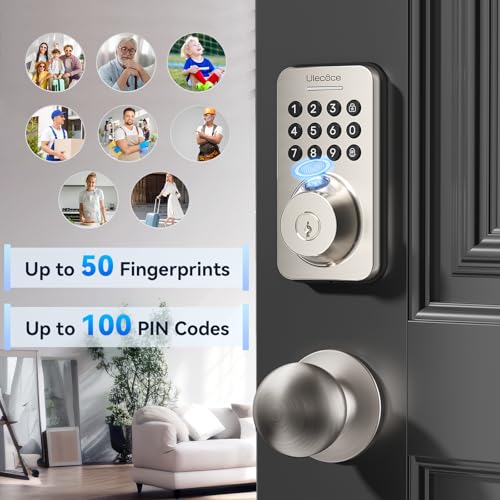 Image of Ulecoce Fingerprint Keypad Deadbolt with Handle Set, Keyless Entry Door Lock, Door Locks for Front Door Lock Set, App Control, Auto Locking, Easy to Install, Satin Nickel