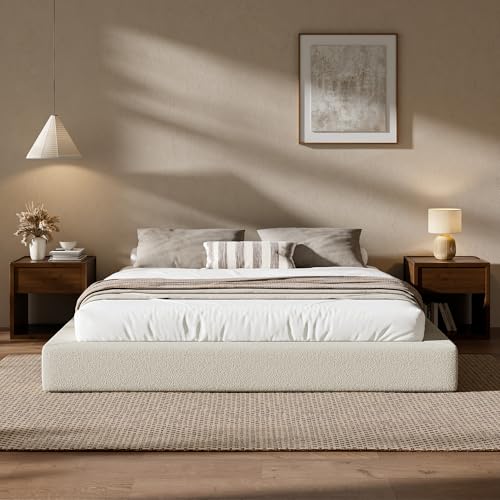 Image of RECCI AirFrame Bed Frame, Cloud Upholstered Platform Bed Frame, 5 Inch Fully Boxy Foam Cushioned, Square Shape Base, No Box Spring Needed, Easy Assembly, Soft Low-Profile (Cream Boucle, King)