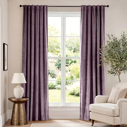 Image of Blackout Lavender Purple Velvet Curtains 52x84 Inch 2 Panels | Soft Velvet, For Bedroom & Living Space, Light Shifting Texture, Refined Drape, Serene, Elegant, Rod Pocket