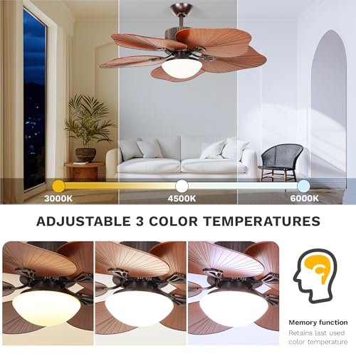 DWVO 46 Inch Ceiling Fan with Lights and Remote, Tropical Palm Leaf Blades Ceiling Fan for Living Room Dining Room Bedroom, Reversible Quiet Motor, 6 Speeds, Dimmable