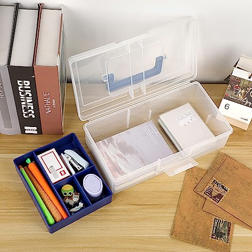 Image of BTSKY Clear Plastic Storage Box with Removable Tray Multipurpose Stationery Storage Box with Handle Handy Sewing Box Art Craft Supply Organizer Home Utility Box (Blue)