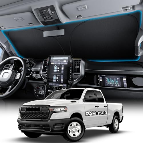 Image of Wigoo for Dodge RAM 1500 Windshield Sunshade [OEM Design, 100% Sun Blockage] Foldable Heat Insulation Sun Shade with Storage Bag, for Dodge RAM 1500 (2019-2026), Silver Coating