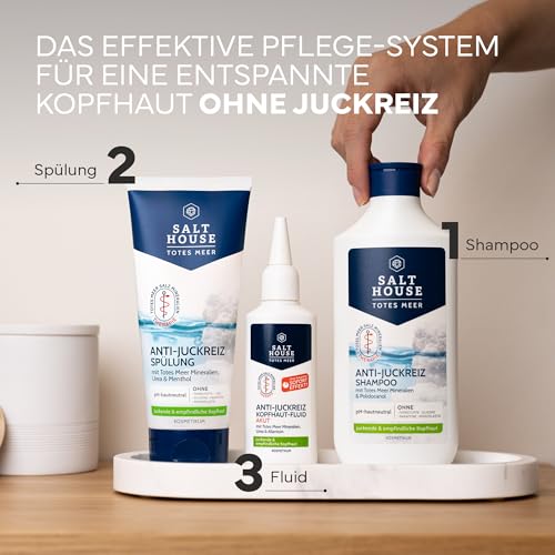 Salthouse Totes Meer Therapie Anti-Juckreiz Spülung, enthält Urea und Panthenol, für geschmeidiges Haar, bei juckender und empfindlicher Kopfhaut, vegan 200ml