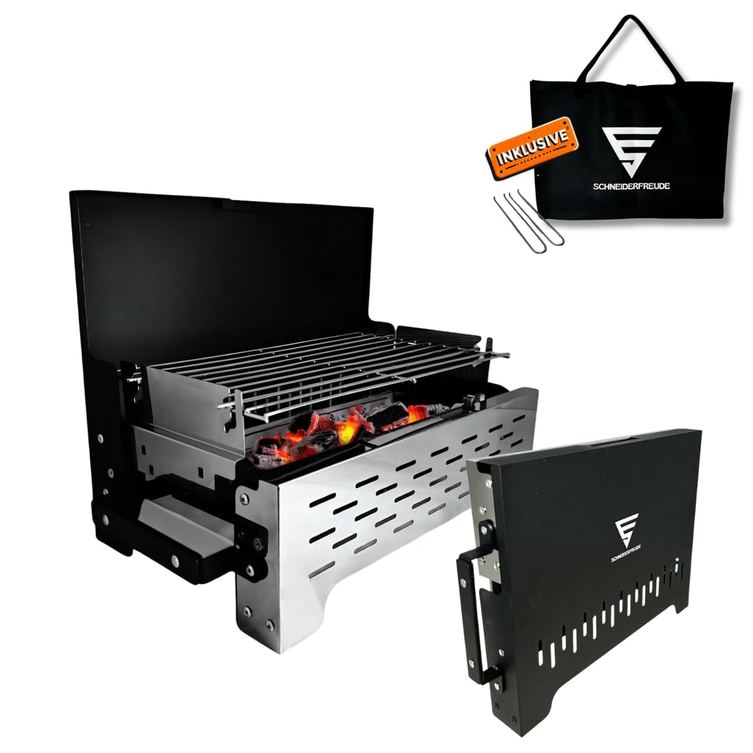SCHNEIDERFREUDE Klappgrill 2.0: Höhenverstellbarer Camping-Grill mit Doppelfunktions-Zangen & Tasche – DEKRA-geprüfter Holzkohlegrill für Outdoor & BBQ
