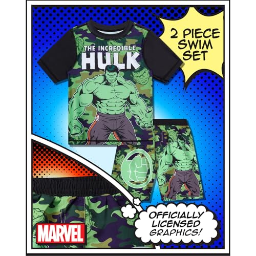 Image of Marvel Boys Rash Guard Set 2 Piece Hulk Spiderman Swim Shirt & Swim Trunks