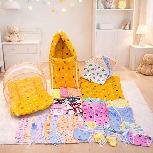 Image of Infantbond 56 in 1 Baby Products All New Born Combo | Gift Set | Baby Essentials | Hospital Kit | Baby Clothes | Maternity Essentials | Infant Essentials | Baby Shower | Complete Daily Items Combo(0-6 Months) (Star) (Yellow for Baby Boy & Baby Girl)