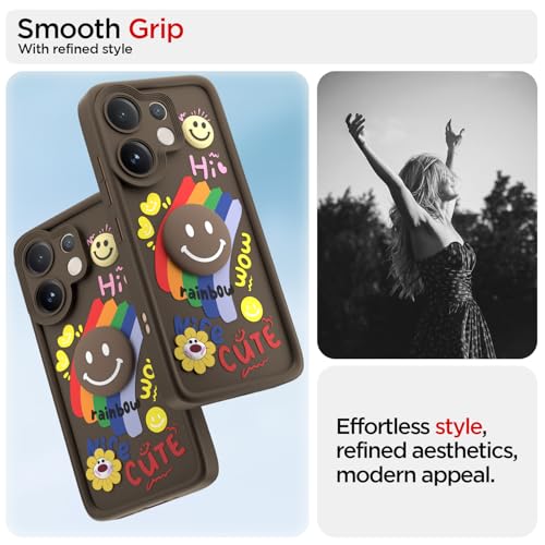 Image of Pikkme Back Cover for Vivo V60 5G / Vivo T4 Pro 5G | Soft Silicone| Cute Rainbow Smile & 3D Cartoon Flower Design | Shockproof Raised Camera Protection Bumper Case (Brown)