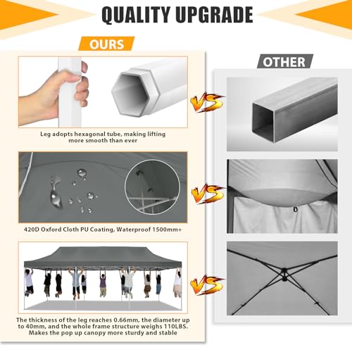 Image of HOTEEL 10x30 Heavy Duty Pop Up Canopy Tent, Commercial Instant Canopy for Party Wedding Event, Waterproof UV 50+ Windproof Outdoor Tent, Upgraded Thick Hexagonal Legs Canopy with Wheeled Bag, Gray