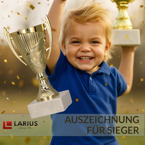 Larius Sieger Pokal mit/ohne Gravur (Personalisierbar) – Fußball Trophäe mit Marmorsockel - 3 Farben, Geschenk & Ehrenpreis für Turniere, Kinder, Vereine