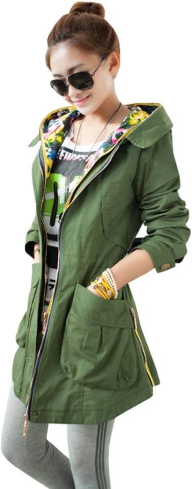 Women Autumn Spring Hooded Waisted Poncho Cape Trench Military Coat L Green