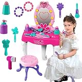 Juego de tocador para niñas: la mesa de tocador viene con luces, y un montón de accesorios de maquillaje, incluyendo joyas para niños, cosméticos, accesorios para el cabello, mesa de tocador con espejo, taburete y secador de pelo de trabajo. Tus niñas disfrutarán de su tiempo teniendo esto.