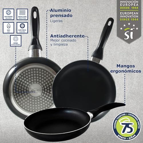 San Ignacio - Cocina - Batería 7 piezas Faro y Set 3 sartenes Ø16/Ø20/Ø24 cm, aluminio prensado, antiadherente, inducción, Negro - imagen 3