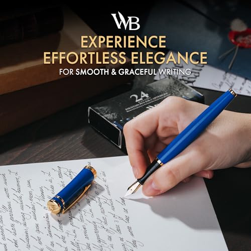 Image of Wordsworth & Black Luxury Fountain Pen Set for Writing, Medium Nib, Blue | Gift for Men & Women, Brass Body, 18K German Iridium, Calligraphy, Converter + 24 Ink Cartridges, Refillable, Leak-Free