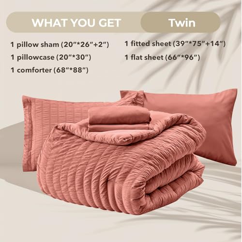 Image of HYMOKEGE Coral Twin Comforter Set Seersucker 5 Pieces, All Season Luxury Bed in a Bag for Bedroom, Bedding Set with Comforter, Sheets, Pillowcase & Sham