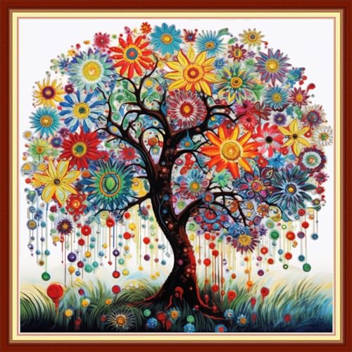 Image of Redxing Stamped Cross Stitch Kits Embroidery kit for Beginners Adults Full Range of Embroidery Patterns Starter Kits DIY Printed Cross Stitch Kits Needlepoint Kits 11CT-Colorful Tree 18x18 inch