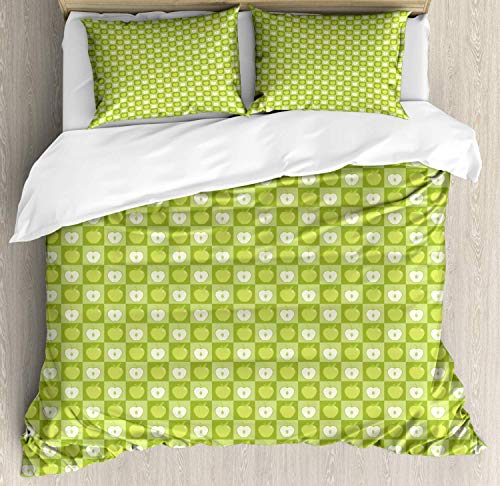 Juego de funda nórdica verde manzana Conjunto continuo de fruta fresca en rodajas Patrón moderno, juego de cama decorativo de 3 piezas con 2 fundas de almohada, verde aguacate Marfil verde manzana TWI
