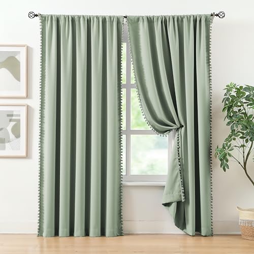 Image of Light Green Pom Poms Blackout-Curtains 95 inch Bedroom Window Curtains for Living Room Triple Weave Half Blackout Window Curtains for Hotel Guest Room Drapes 52 inchw x2 Panels Rod Pocket Sage