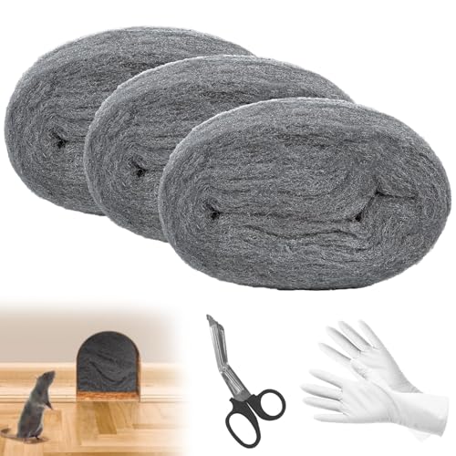 3 Rolls Mice 000 Steel Wool, Steel Wool Against Mice, with Gloves and Scissors, Steel Wool Against Rats, Steel Wool Holes Wall Cracks Rodent Stop Mouse Repellent Steel Wool for Home, Garage and Garden 3 Rolls Mice 000 Steel Wool, Steel Wool Against Mice, with Gloves and Scissors, Steel Wool Against Rats, Steel Wool Holes Wall Cracks Rodent Stop Mouse Repellent Steel Wool for Home, Garage and Garden