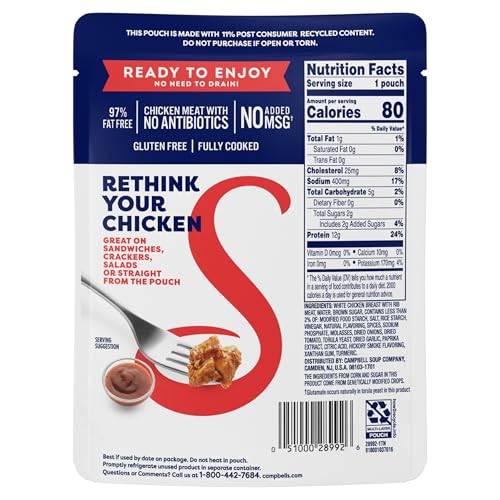 Image of Swanson Hickory Smoked BBQ White Chunk Fully Cooked Chicken, 2.6 oz Pouch (Pack f 12)