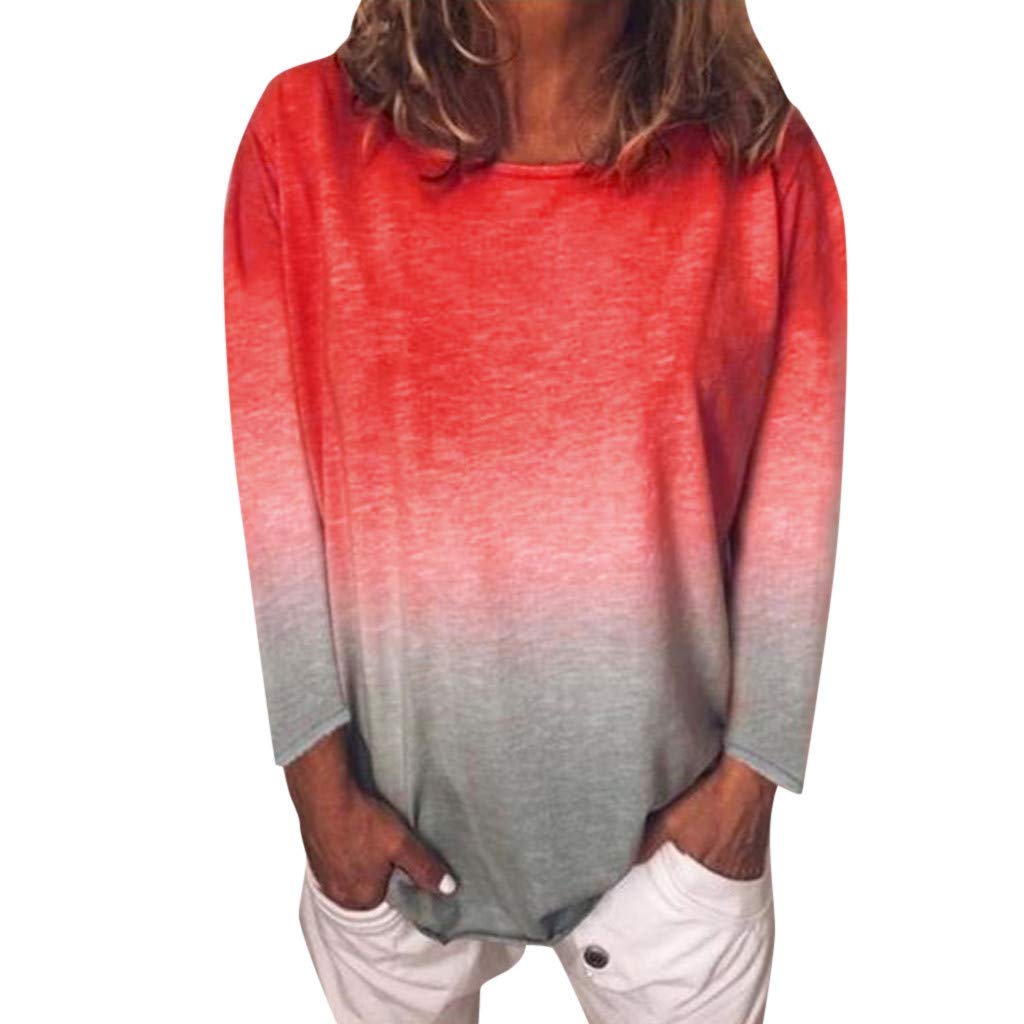 JOSUSY Womens Casual Tie Dye Print Long Sleeve Crewneck Pullover Sweatshirt T-Shirt Blouse Tops, Orange, L