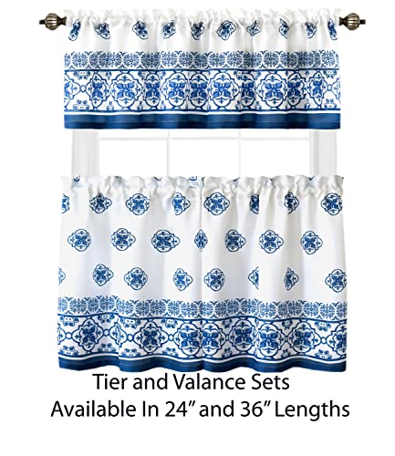 Newbridge Mykonos Blue Mediterranean Tile Print Bordered Window Curtain Valance, Blue Medallion Print thumb #4
