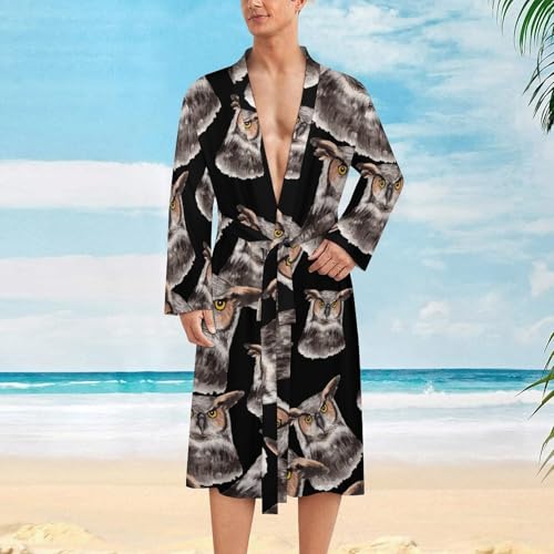Watercolor Hand Painted Owl Soft Men's Robe Lightweight Bathrobe Long-sleeve Spa Robe With Belt2