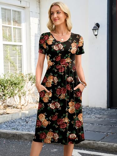 Image of Heymoments Women's Casual Short Sleeve Midi Dress Crewneck A Line Tiered Flowy Loose Travel Long Dresses with Pockets