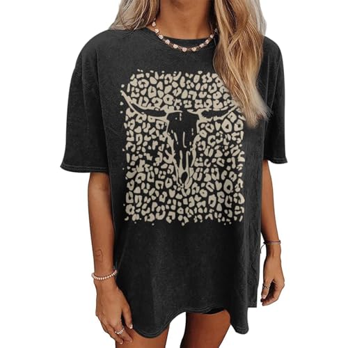 Western Cow Skull Shirts for Women Boho Cowgirl Shirt Vintage Acid Wash Tshirt Oversize Rodeo Graphic Tee Country Top