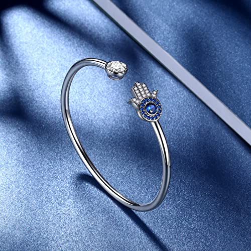 beautlace Hamsa Hand of Fatima Evil Eye Bangle Silver Plated Adjustable Hand Bracelets Protection Good Luck Jewelry Gifts for Women Men KB0019W4